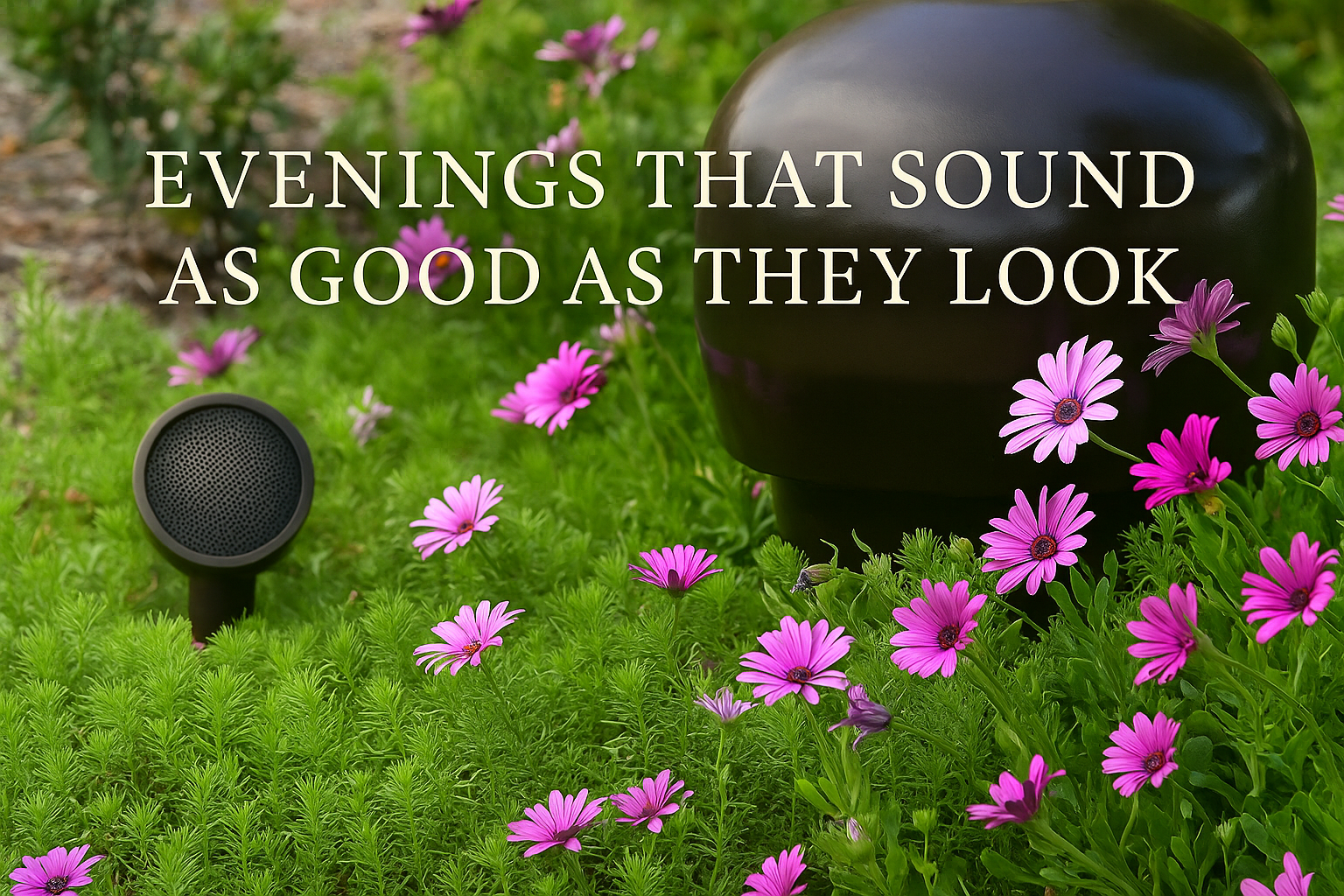 A professionally installed black outdoor speaker nestled among blooming magenta African daisies in a luxury backyard, showcasing a discreet and elegant landscape audio system for residential outdoor spaces.