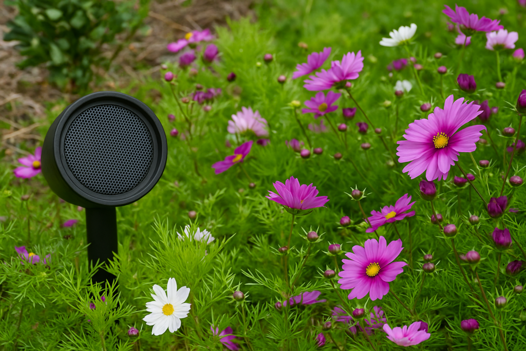 A sleek black outdoor speaker installed in a luxury backyard, surrounded by blooming purple daisies and greenery, illustrating a professionally integrated landscape audio system for outdoor living spaces.