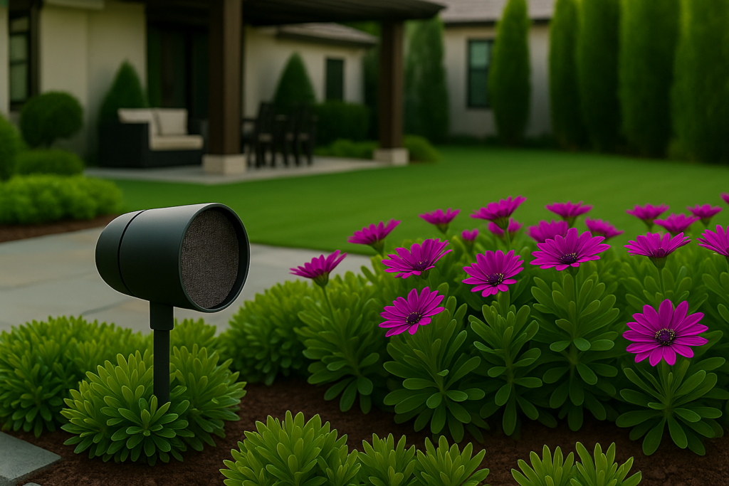 Discreet outdoor speaker installed in a luxury backyard, surrounded by vibrant magenta flowers and lush greenery, demonstrating a professionally designed outdoor audio system for upscale residential landscapes.